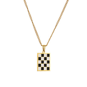 Black and White Checkerboard Rectangle Necklace Titanium Steel Pendant Sweet Cool Girl Jewelry