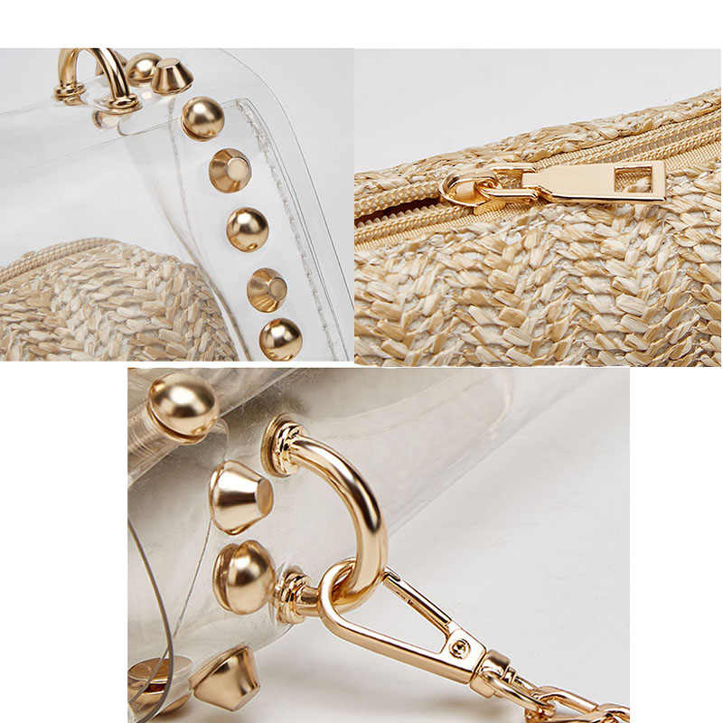 2 in 1 Transparent Shoulder Bag Set Fashion Rivet Chain Strap PVC Handbags for Women-Apricot