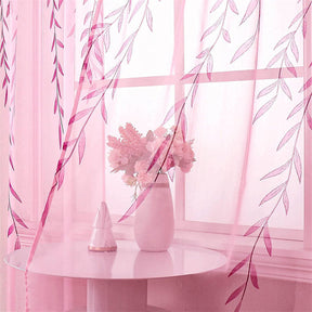 2 Panels Sheer Curtains Rod Pocket Willow Leaves Print for Living Room-Pink