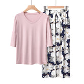 2 Pack Womens Pajama Set Print Sleepwear Soft V-Neck Short Sleeve Top With Pants-4