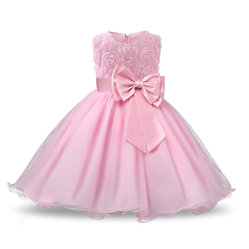 Girl Sleeveless Lace 3D Flower Tutu Holiday Princess Wedding Dresses-Pink