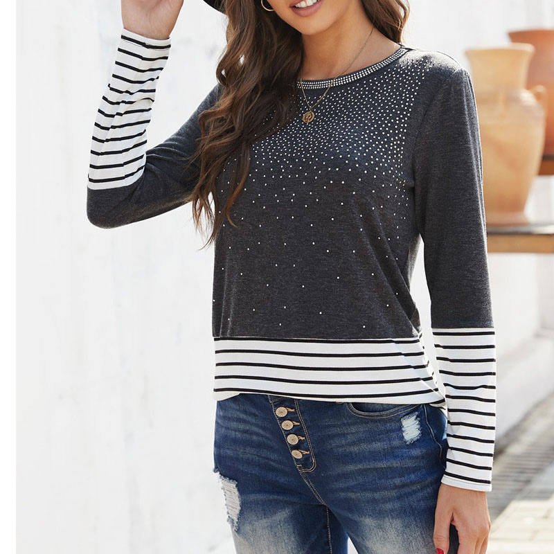 Womens Fashion Printed Color Block Long Sleeve Top-Gray