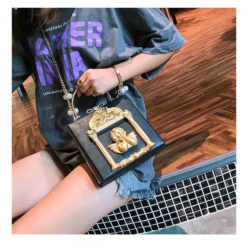 Womens Angel Embossed Clutch Evening Bag Bowknot Crossbody Purse-Black