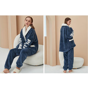 Womens Winter Fleece Pajamas Set Warm Loungewear-Navy Blue