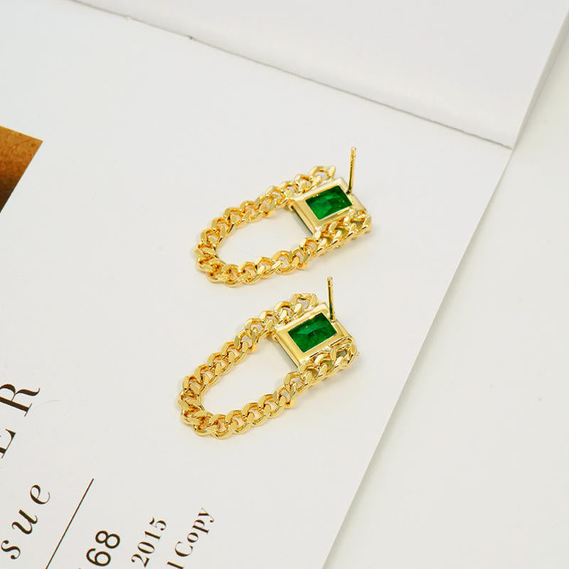 Pair Of Vintage Green Zirconia Chain Earrings For Women