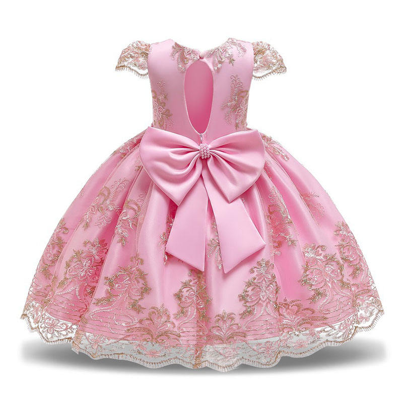 Girl Flower Lace Printed Cotton Elegant Tulle Bow Belt Princess Dress-16Pink