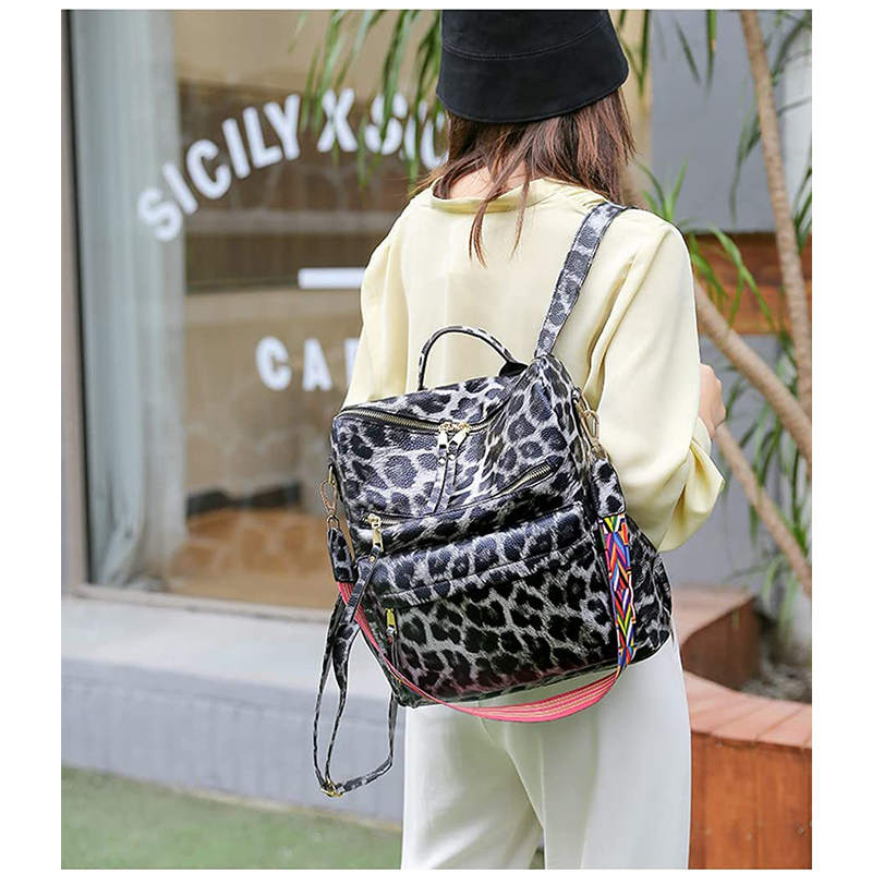 Fashion Backpack Multipurpose Print Leather Travel Shoulder Bag-Leopard Grey