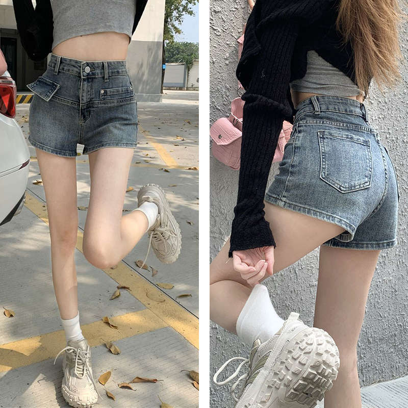 Womens High Waisted Denim Shorts Frayed Distressed Summer Slim Fit Jeans-Blue