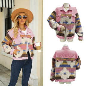 Denim Jacket for Women Aztec Print Contrast Color Cropped Coat-Pink