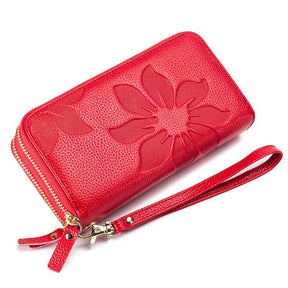 Womens Leather Wallet Embossed Double Zipper Wallet-Red