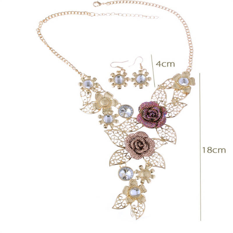 Womens Vintage Flower Rose Gold Necklace + Earrings Jewelry Set