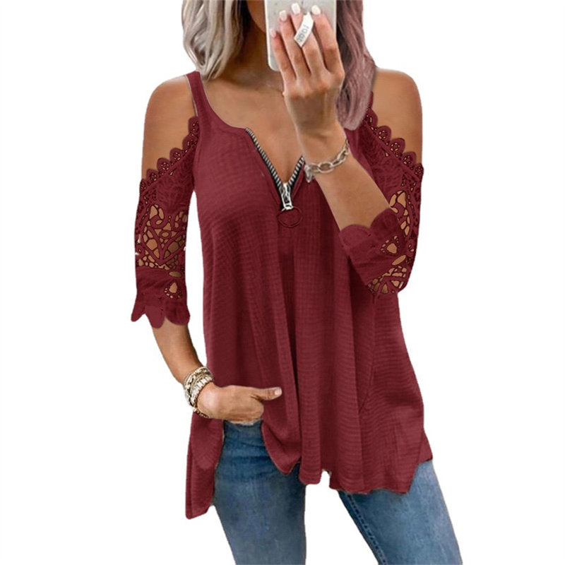 Cold Shoulder Tops For Women Sexy Low Cut V Neck Shirts with Lace 3/4 Sleeve-Wine Red