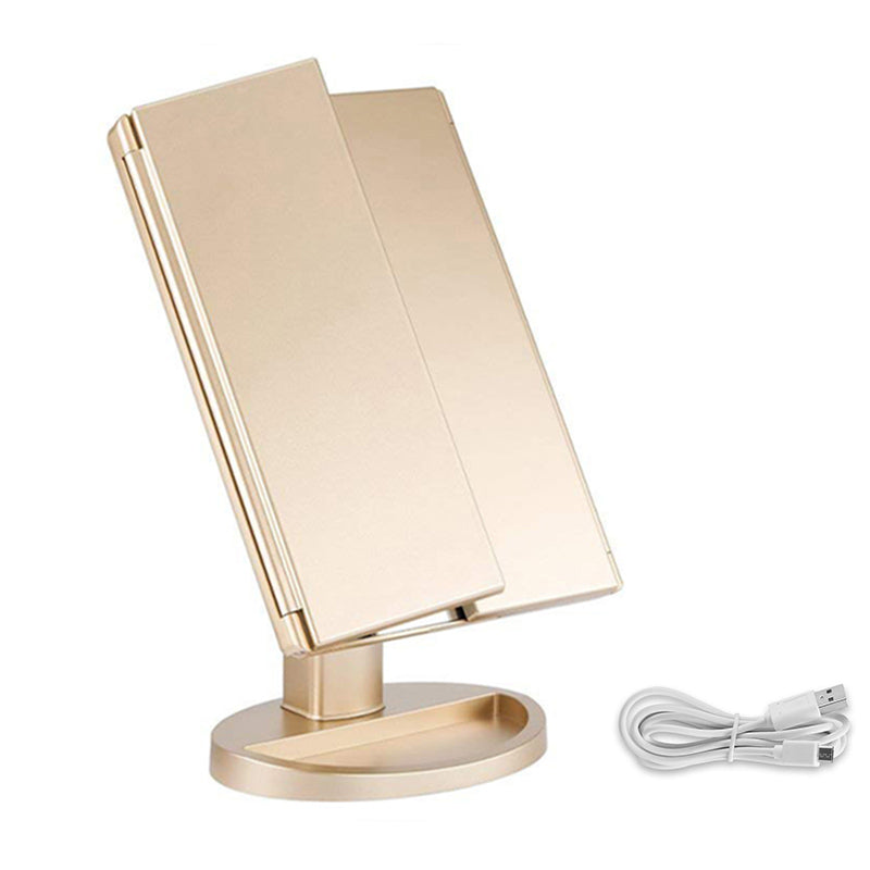 Tri-Fold Lighted Vanity Mirror with 22 LED Lights 3X/2X/1X Magnification Make Up Mirror-Champange