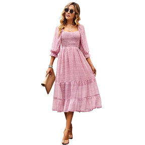Women Casual Summer Dresses Square Neck Ruffle Floral Boho Maxi Dress-Pink