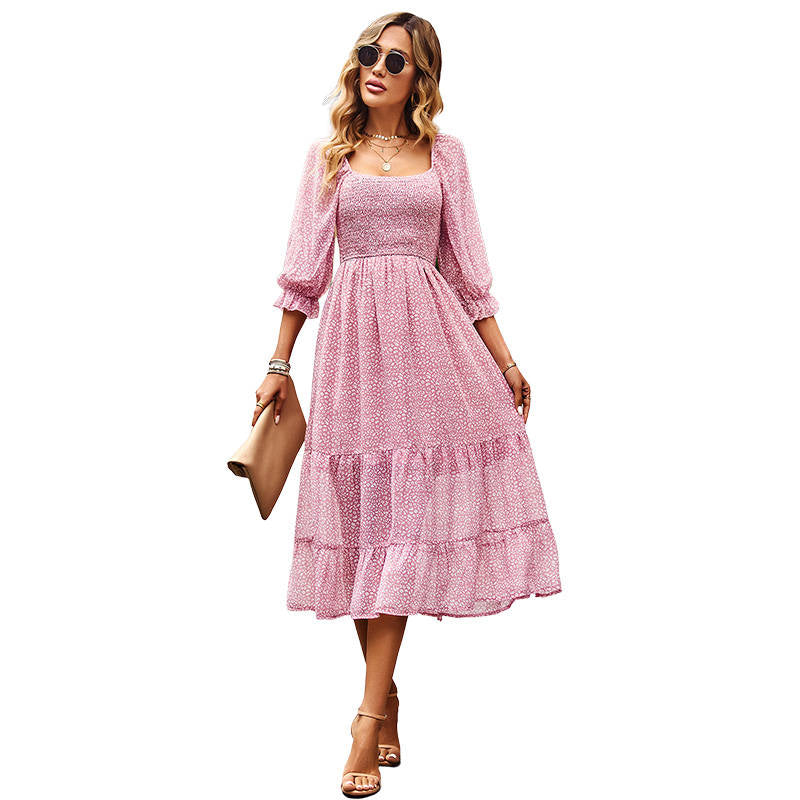 Women Casual Summer Dresses Square Neck Ruffle Floral Boho Maxi Dress-Pink
