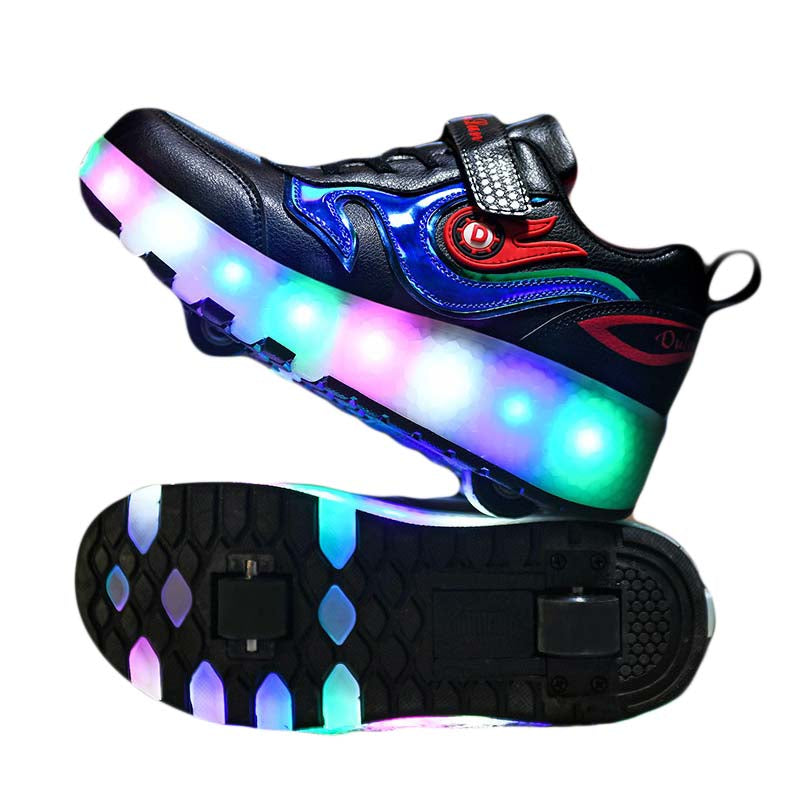 Kids LED Roller Shoes with Double Wheel for Childrens Birthday Gift-166 Black Red