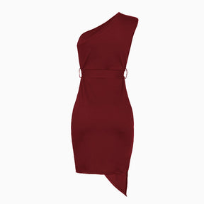 Solid Color Sleeveless Sloping Shoulder Strap Party Cocktail Dress-WineRed