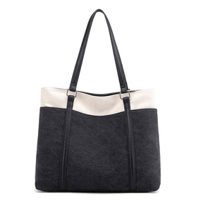 Womens Canvas Shoulder Bag Simple High Capacity Totes for Work Travel-Black