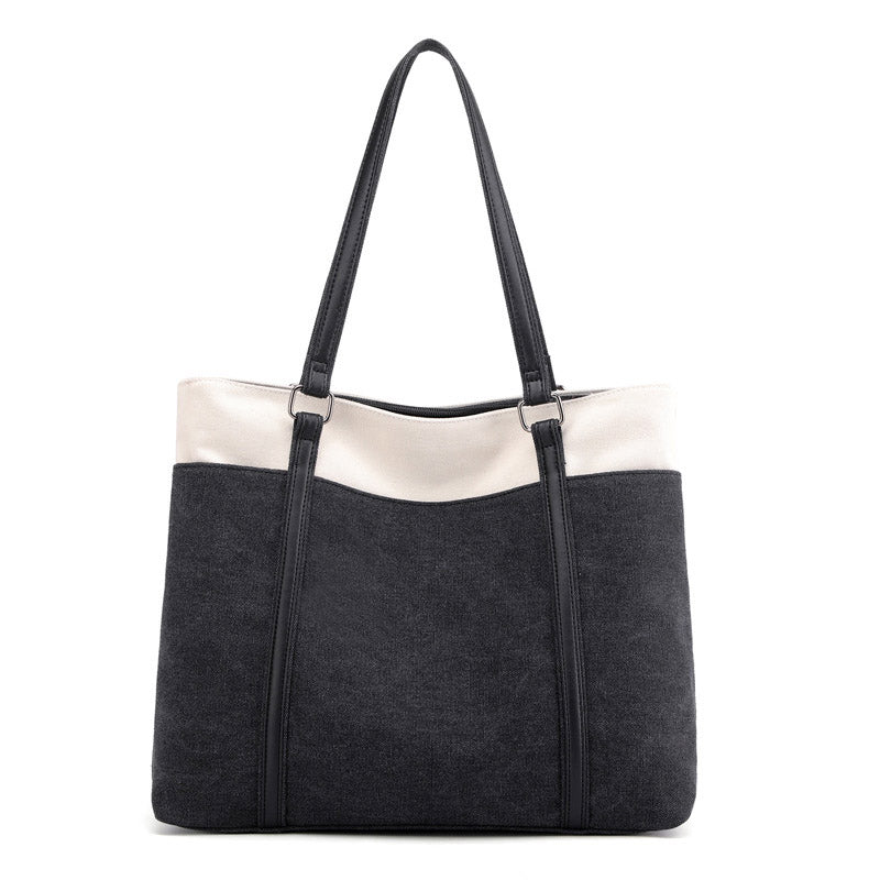 Womens Canvas Shoulder Bag Simple High Capacity Totes for Work Travel-Black