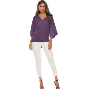 Womens Summer Ruffle Sleeve V-Neck T-Shirt Knot Tops-Purple