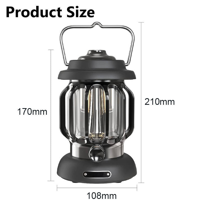 Retro Camping Lantern Type C Rechargeable for Outdoors Home Decor-Black