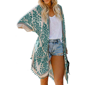 Women Print Kimono Tassel Casual Cardigan V Neck Loose Swimsuit Cover Up Beachwear-Green