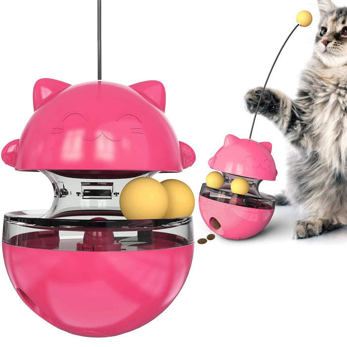 Tumbler Style Cat Food Dispenser Treat Toys with Dual Rolling Balls Detachable Wand-Red