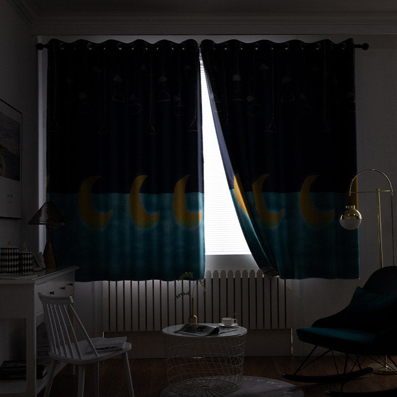 2 Panels Star Moon Window Curtain For Bedroom 39X78in-Blue