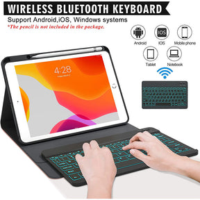 Removable Square Keyboard Case For iPad 7 Color Backlit with Pen Slot Wireless BT Lightweight Case-Black