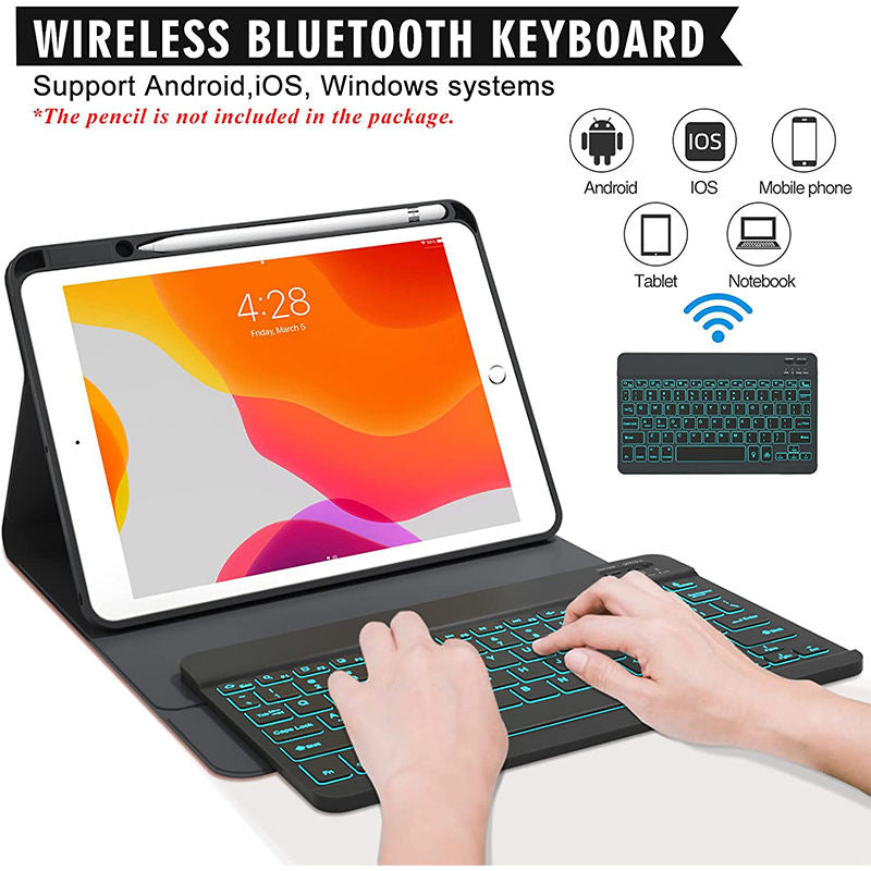 Removable Square Keyboard Case For iPad 7 Color Backlit with Pen Slot Wireless BT Lightweight Case-Black