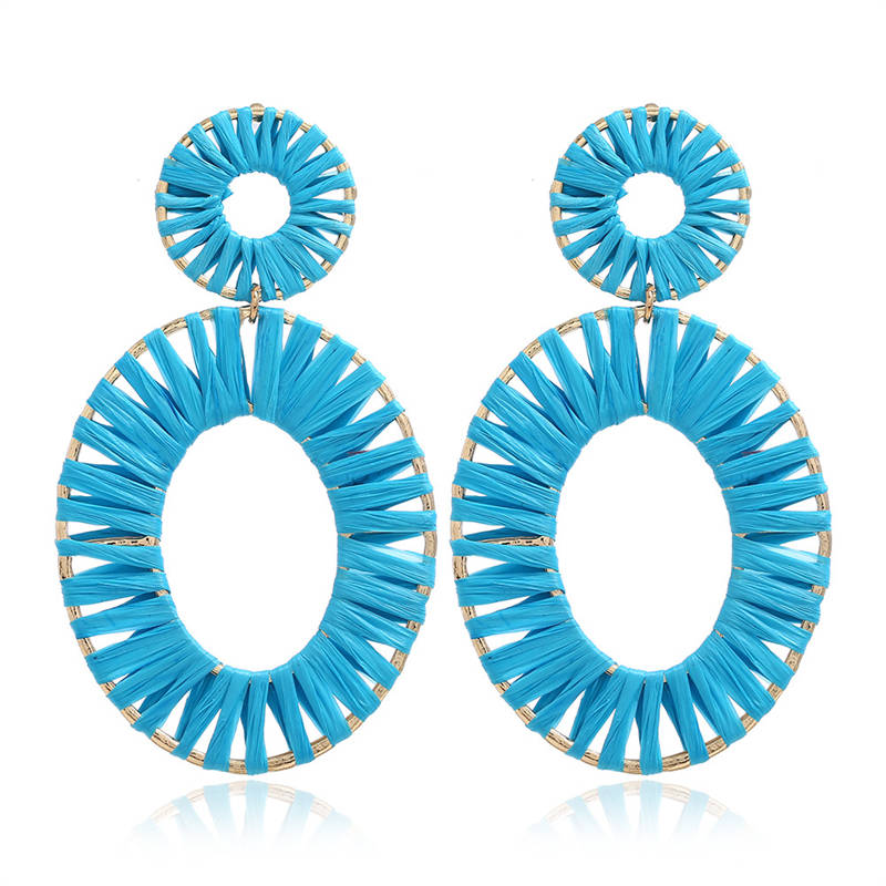 Raffia Tassel Hoop Drop Earrings for Women Girls-Blue