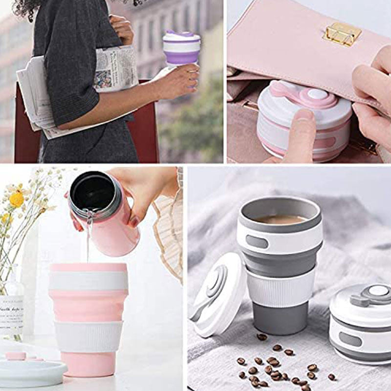 2 Pack 350ml Silicone Collapsible Travel Mug with Lid-Gray Pink