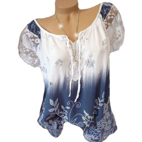 Womens Casual Boho Floral Print V Neck Lace Short Sleeve Tops-White