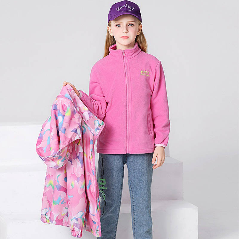 Girls Outdoor Jacket Floral Fleece Removable Light Windproof with Hood-Pink