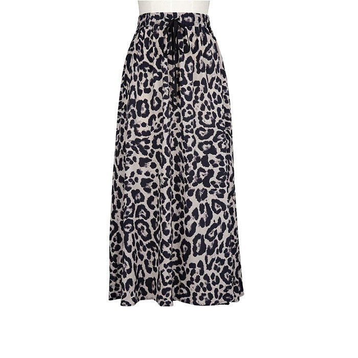 Women's Gold Velvet Fashion Leopard Printing Maxi Skirt High Elastic Shirring Waisted Dress-Dark Gray