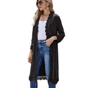 Women's 3/4 Sleeve Lace Flower Trim Casual Long Cardigan Cover Up Loose Blouse Knitting Outerwear-Black