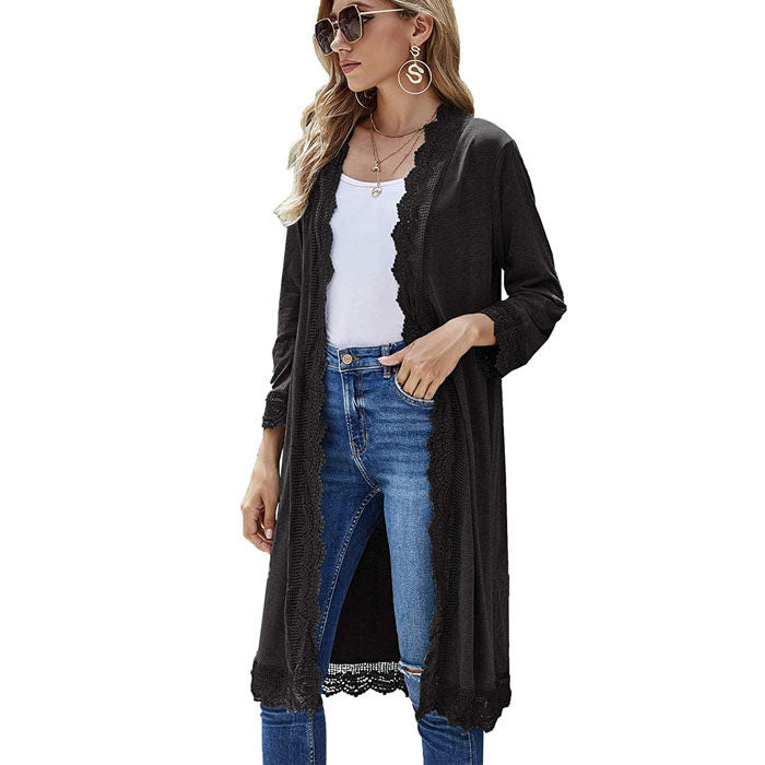 Women's 3/4 Sleeve Lace Flower Trim Casual Long Cardigan Cover Up Loose Blouse Knitting Outerwear-Black