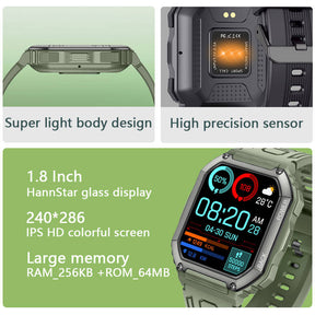 KR06 Mens Military HD Smart Watch Fitness Tracker Heart Rate Sleep Monitor-Green Camouflage
