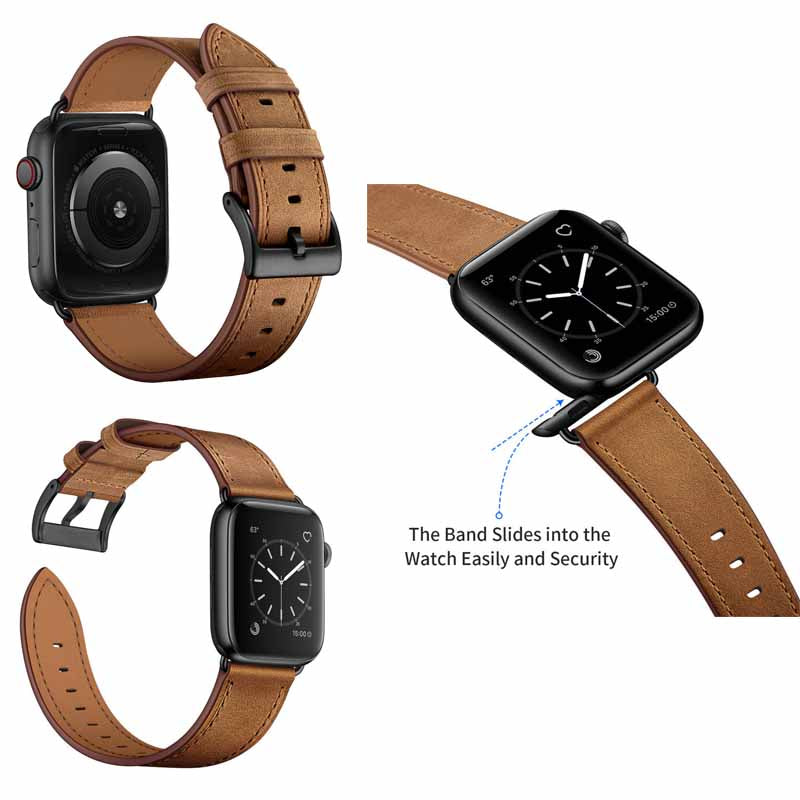 Classic Watchband Cowhide Suitable for iWatch Ultra Series 8 SE 7 6 5 4 3 2 1-Black-RedBrown