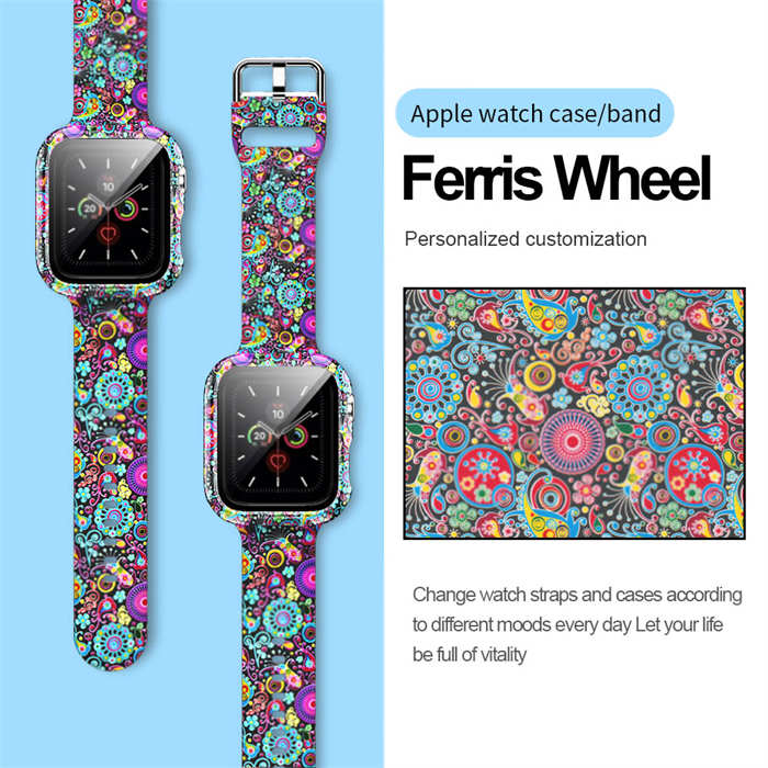 Silicone Printed Watch Band with Screen Protector Case for iWatch Series SE/6/5/4/3/2/1-FerrisWheel