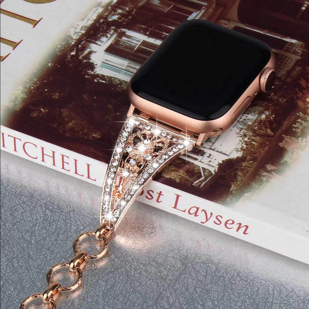 Round Chain Carved Metal Watch Band For Apple Watch SE/6/5/4/3/2/1(Rose Gold)