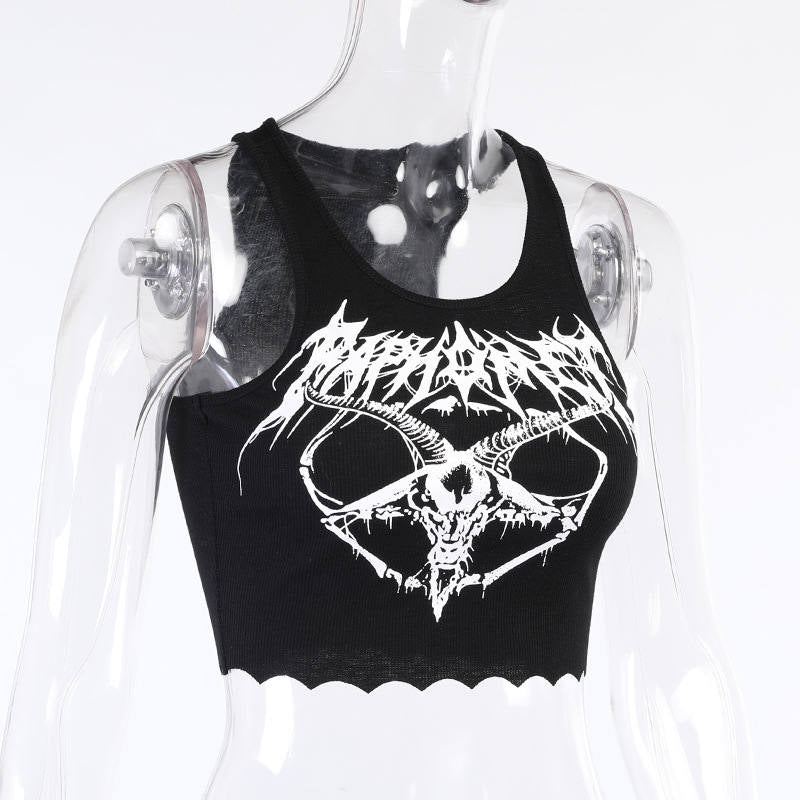 Womens Gothic Punk Crop Tank Skull Print Tunic Tube Tops-Black