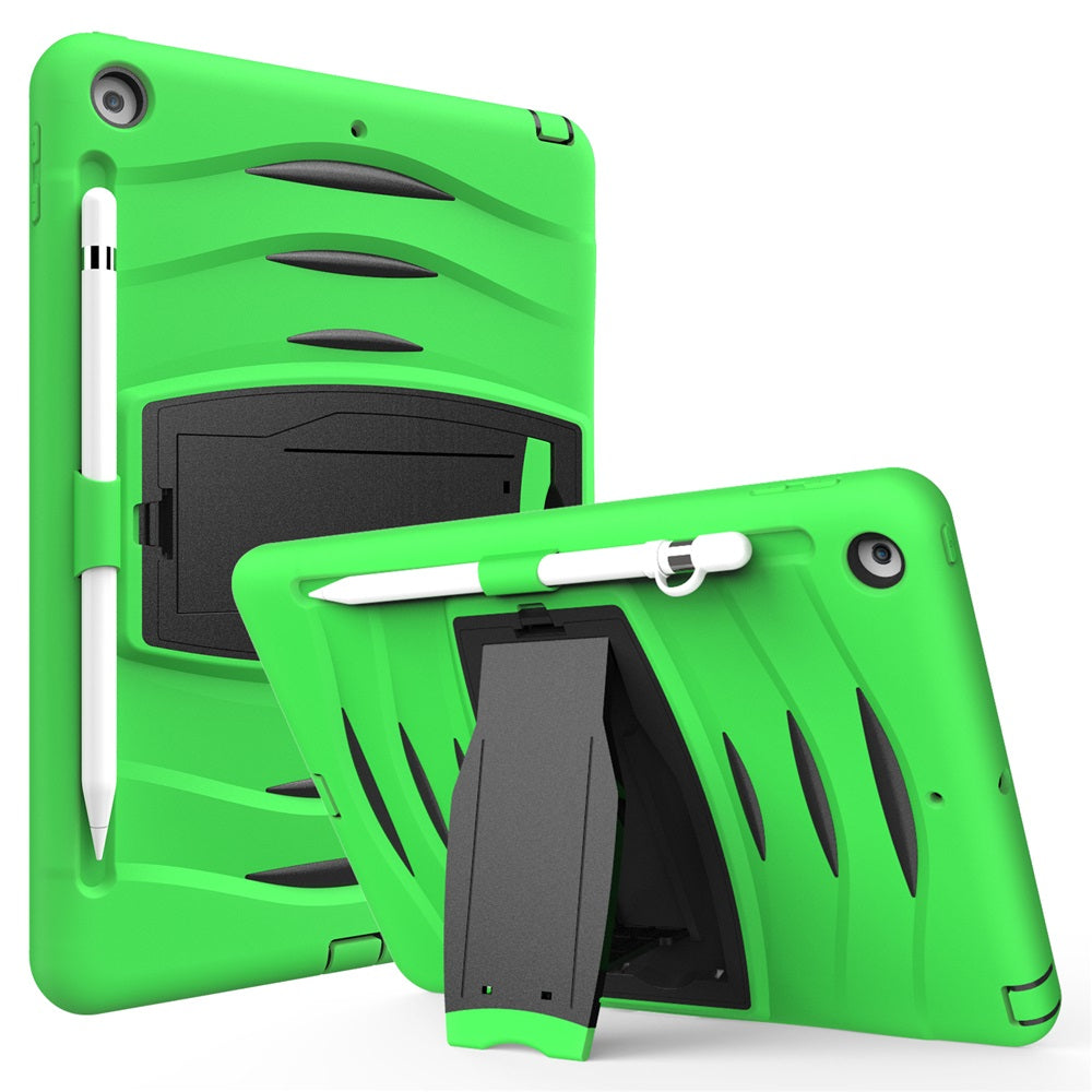 Shock Wave Kickstand Case Anti-Fall Protection With Pencil Holder+Cap For New iPad 7 10.2inch(2019)-Green