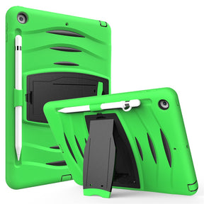 Shock Wave Kickstand Case Anti-Fall Protection With Pencil Holder+Cap For New iPad 7 10.2inch(2019)-Green