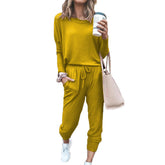 Women Loose Solid Color Long Sleeve Top Casual Drawstring Pants with Pockets-Yellow