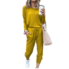 Women Loose Solid Color Long Sleeve Top Casual Drawstring Pants with Pockets-Yellow