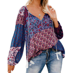 Womens V-neck Casual Boho Floral Print Long Sleeve Shirts-Purple