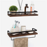 Floating Shelf Wall-mounted Storage Rack for Kitchen and Bathroom 2-piece Wooden Set-Brown