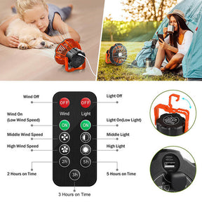 Protable Camping Fan for Tents with LED Light Remote Control Power Bank for Outdoors