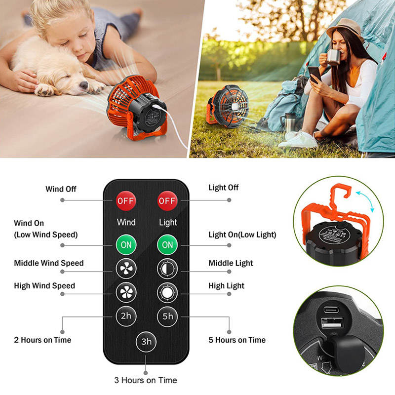 Protable Camping Fan for Tents with LED Light Remote Control Power Bank for Outdoors
